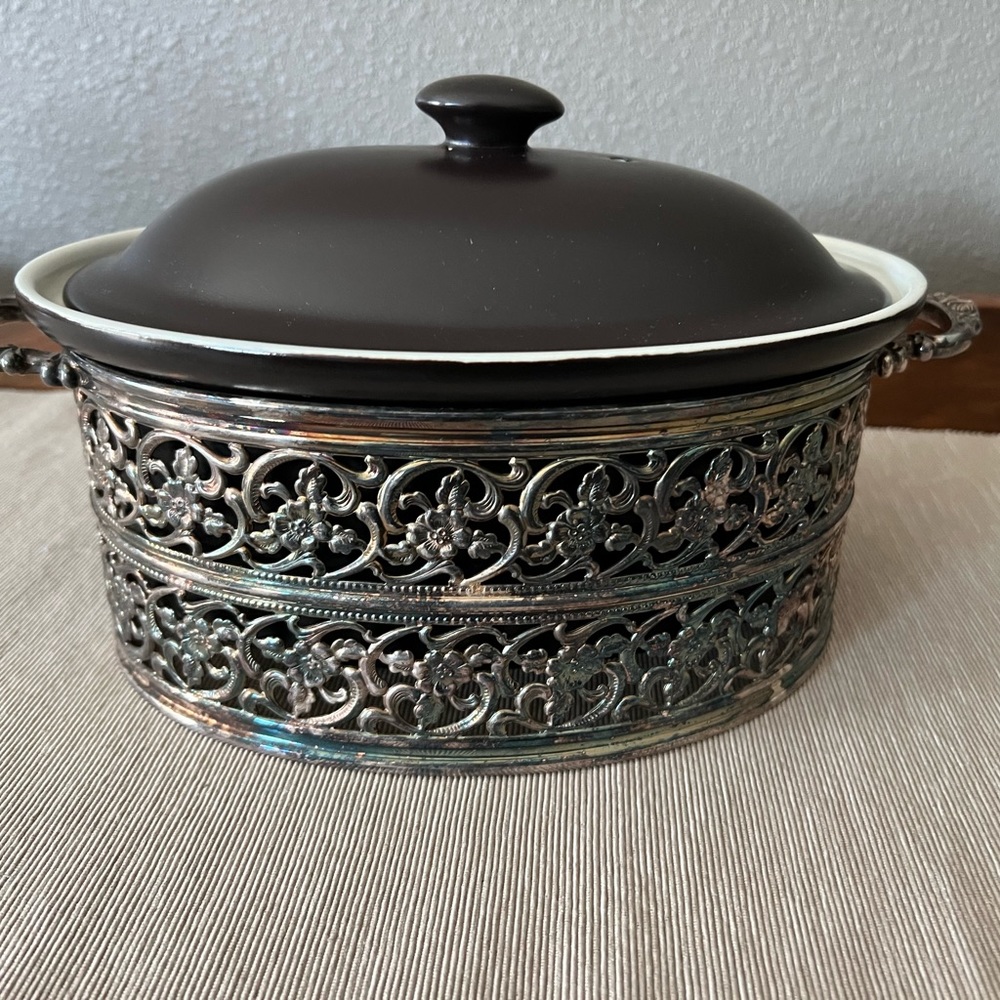 Rare Vintage Oval Cooking Dish | Brown Casserole Crock with metal carrier/stand